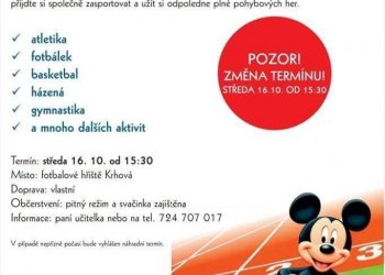 Sportovní odpoledne s Mickey Mousem v Krhové natočíme s DeFib studiem (změna termínu na 16. 10.)