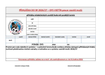 Foto č. 1 - Přihláška do soutěží dospělých OFS Vsetín - soutěžní ročník 2026/2027